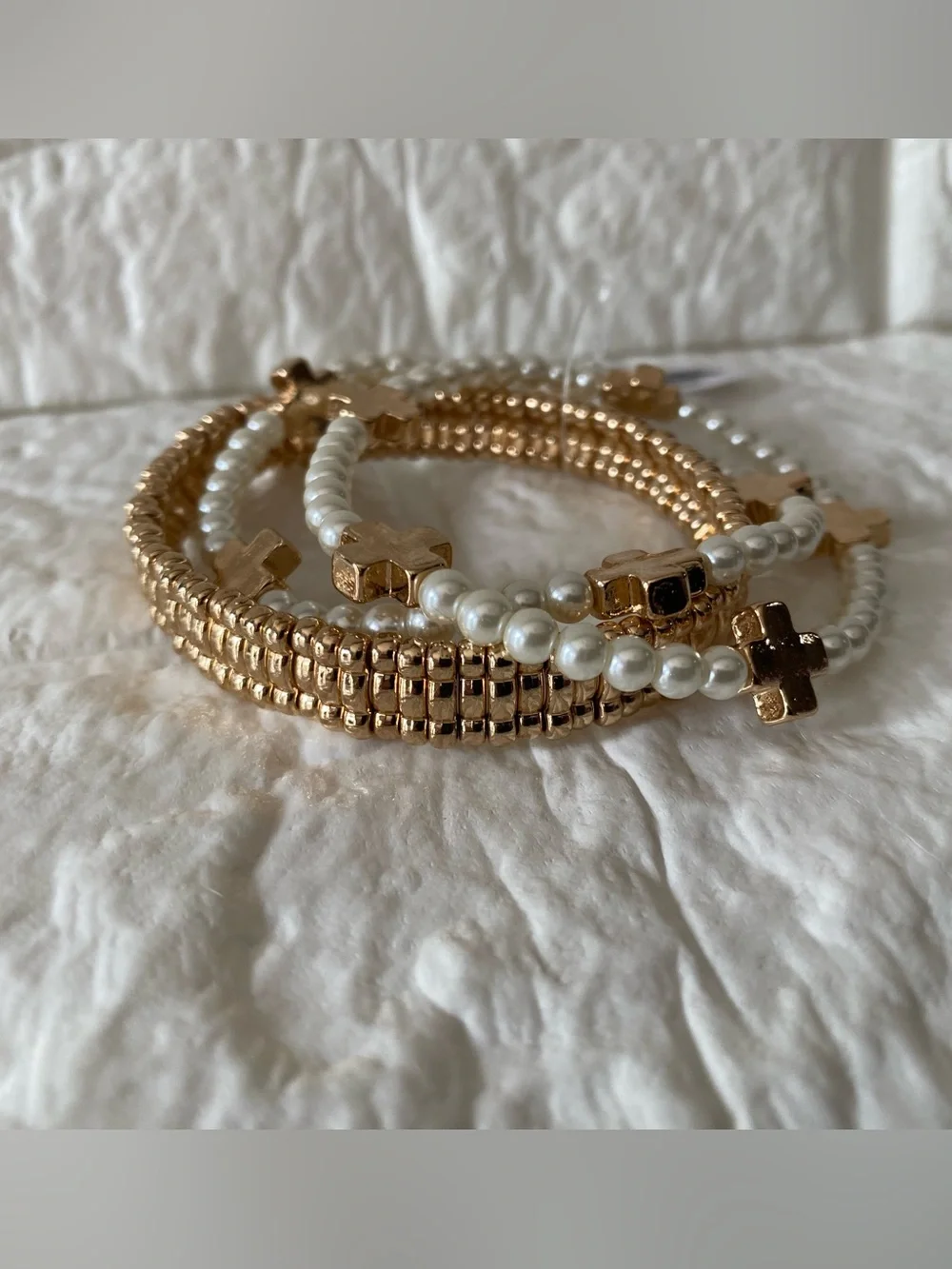 Set of 3 Pearl Gold Cross Bracelets - New With Tags